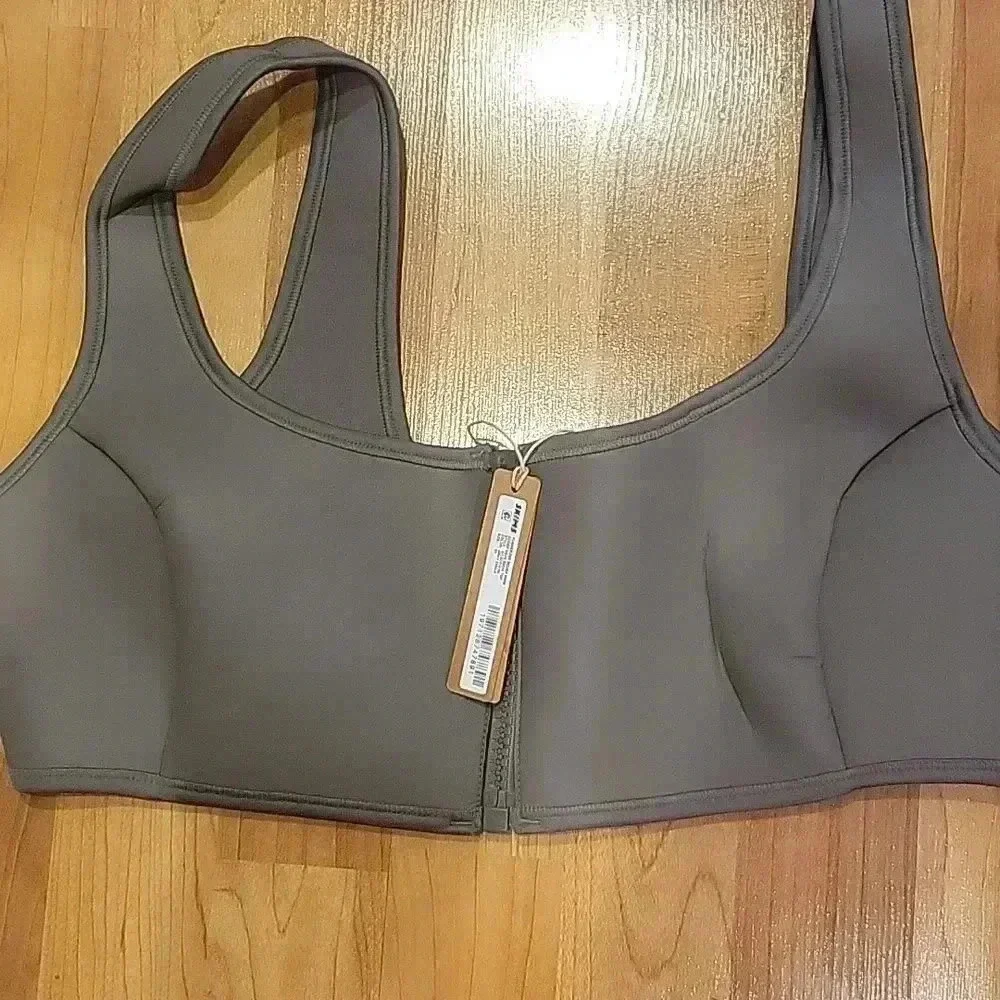 Skims Swim Top Front Zipper Racerback Rubberized Scuba Gray Chalk 2X